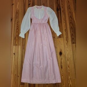 Vintage 70s Candi Jones Novelty Fruits Pink Gingham Cottage Core Maxi Dress RARE